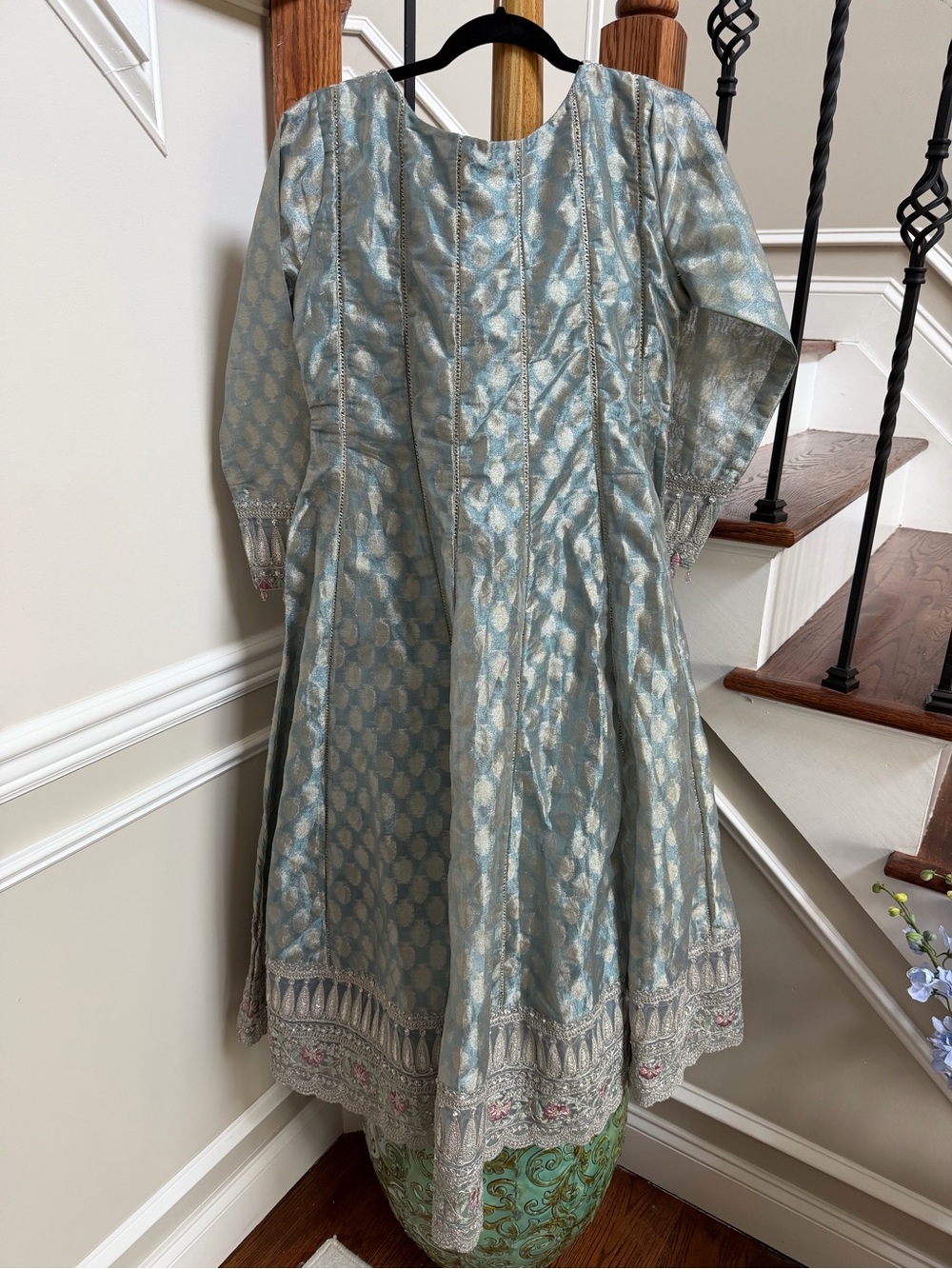 Maria B. Elegant Silver-Blue Embroidered Women long gown with dupata and pants - Picture 2 of 5